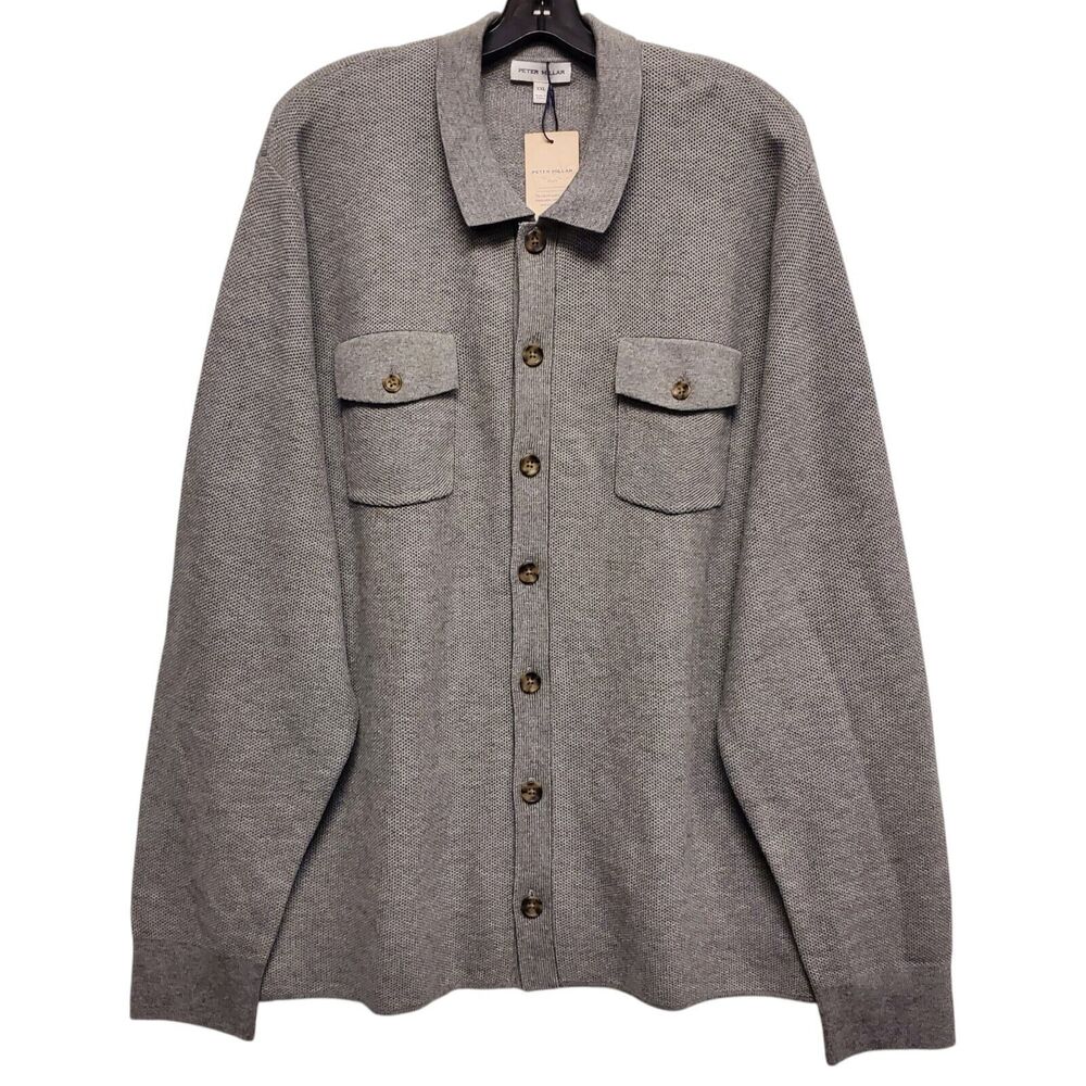 PETER MILLAR Sweater CROWN TRENTON Mens XXL Gale Gray Button Up Knit PIMA/MERINO